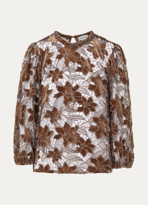 Aaiko Shaila semi-transparante top met opengewerkt dessin - voorkant 2 donkerbeige