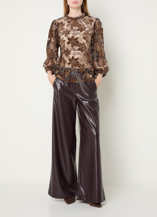 Aaiko Shaila semi-transparante top met opengewerkt dessin - voorkant 3 donkerbeige