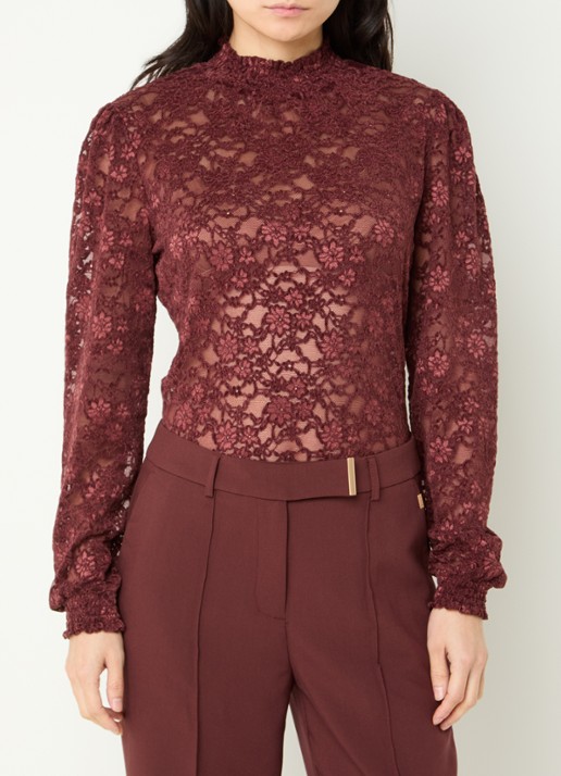 Aaiko Tory semi-transparante top van kant met bloemborduring - detail bruin