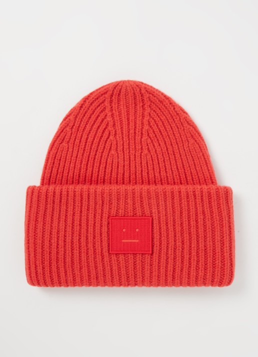 Acne Studios Grofgebreide muts van wol met logo - voorkant steenrood