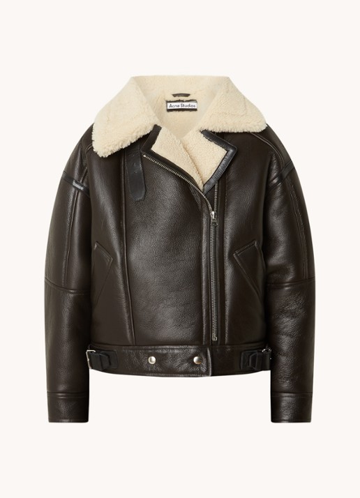 Acne Studios Oversized lammy coat van lamsleer met teddy kraag    - voorkant 4 donkerbruin