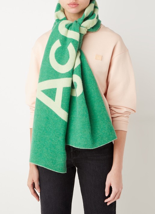 Acne Studios Sjaal in wolblend met logoprint 200 x 40 cm - voorkant 3 groen