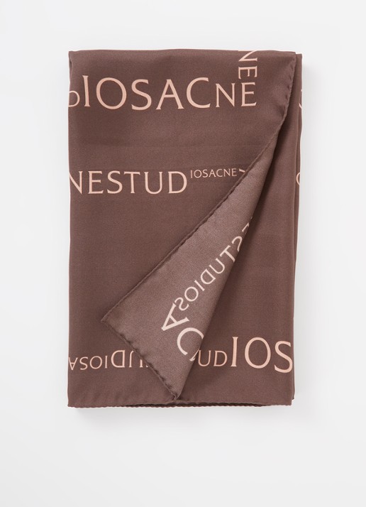 Acne Studios Sjaal van zijde met logoprint 64 x 64 cm  - voorkant 2 donkerbruin