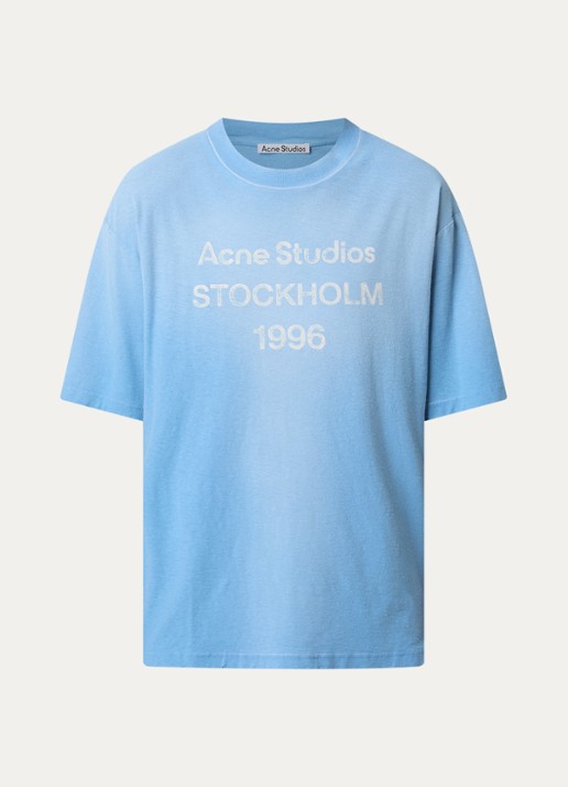 Acne Studios T-shirt met logoprint en verwassen afwerking - voorkant lichtblauw