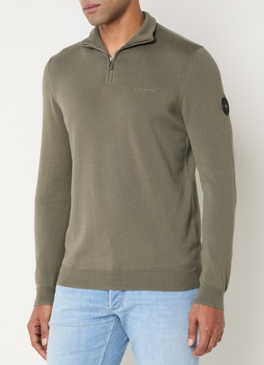 Airforce Fijngebreide pullover met halve rits en logo - detail 4 zand