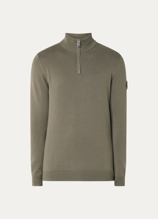 Airforce Fijngebreide pullover met halve rits en logo - voorkant 2 zand