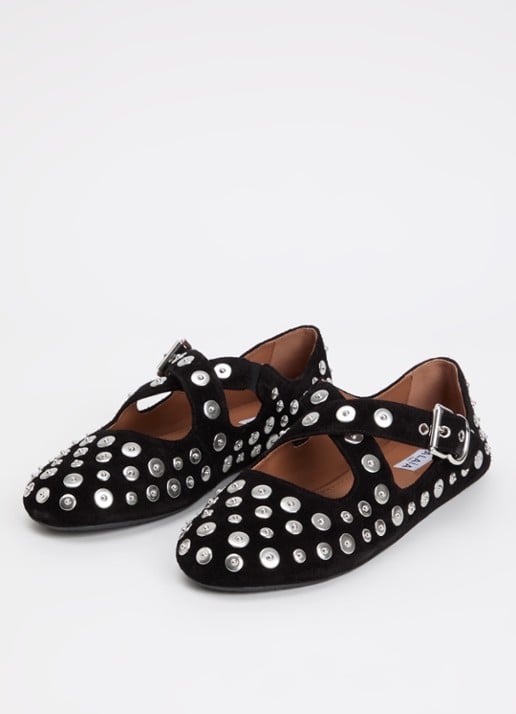 Alaïa Criss Cross ballerina van kalfssuède met studs - detail 2 zwart