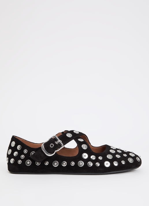 Alaïa Criss Cross ballerina van kalfssuède met studs - voorkant zwart