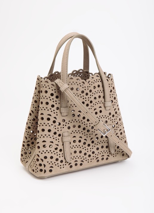 Alaïa Mina 20 crossbodytas van nubuck met uitneembaar etui en afneembare schouderriem - achterkant 4 taupe