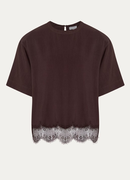 alchemist Fia T-shirt met schoudervulling en details van kant - voorkant 2 chocoladebruin