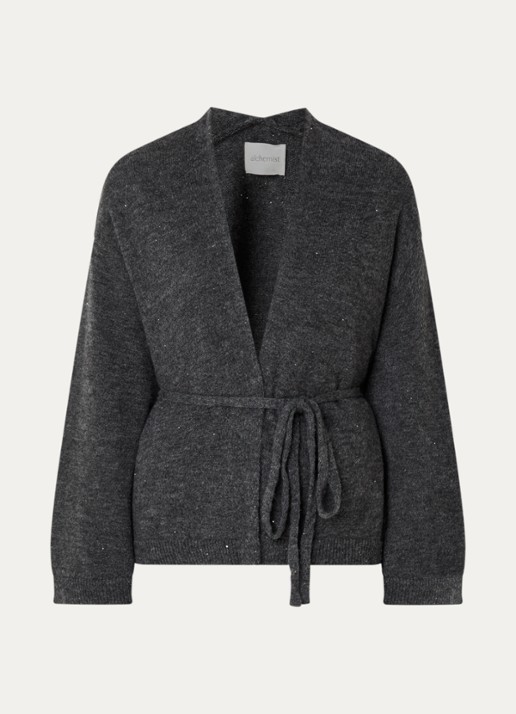 alchemist Sofia fijngebreid vest met pailletten en strikceintuur - voorkant 2 donkergrijs