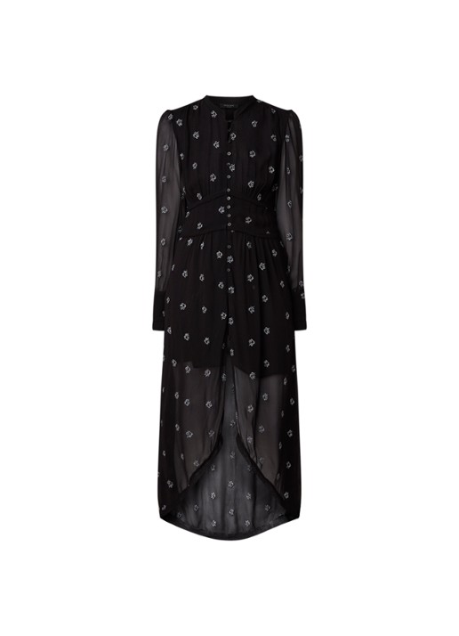ALLSAINTS Liza semi-transparante maxi-jurk met borduring en onderjurk - voorkant zwart