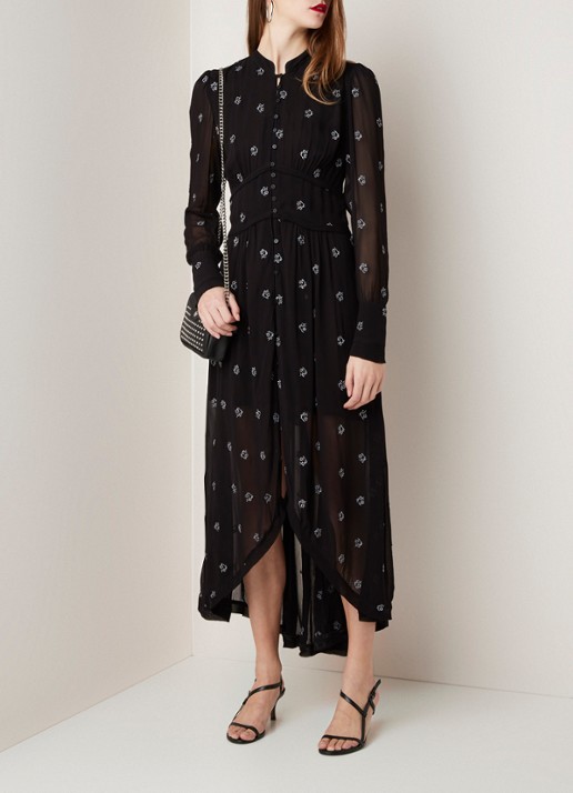 ALLSAINTS Liza semi-transparante maxi-jurk met borduring en onderjurk - voorkant 2 zwart