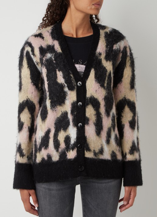 ALLSAINTS Lunar grofgebreid vest in alpaca wolblend met panterprint - detail 4 zwart