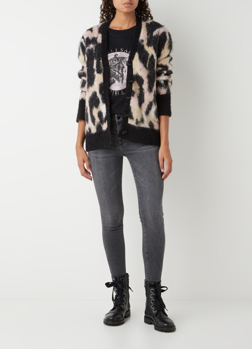 ALLSAINTS Lunar grofgebreid vest in alpaca wolblend met panterprint - voorkant 2 zwart