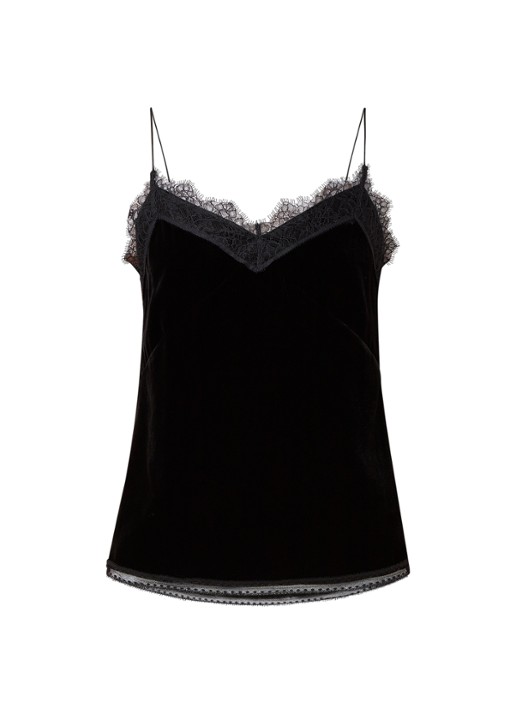 ALLSAINTS Noa spaghettitop van fluweel met kant - voorkant 2 zwart