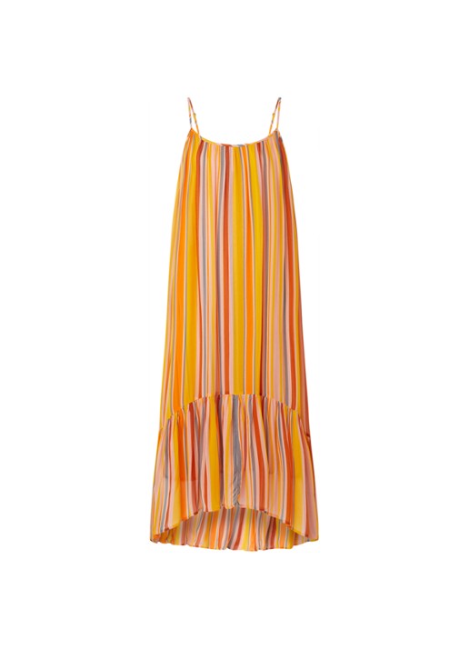 ALLSAINTS Paola maxi jurk met spaghetti bandjes en streepprint - voorkant oranje