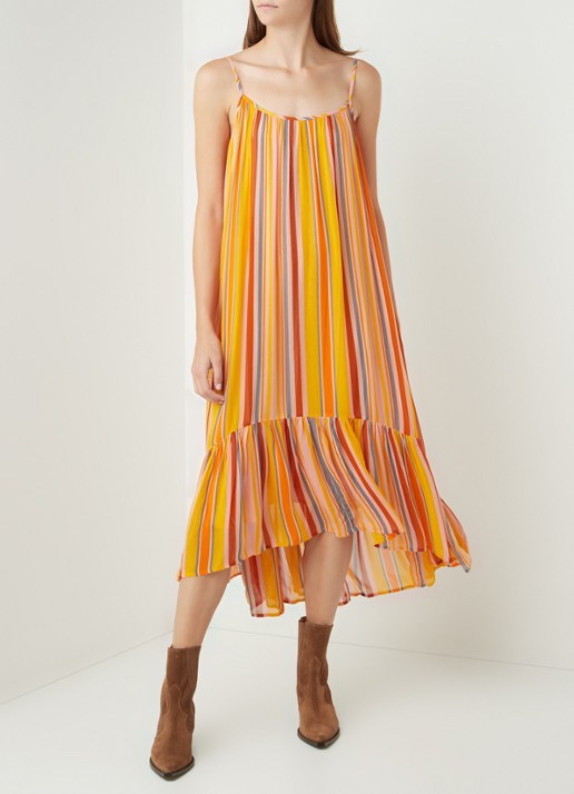 ALLSAINTS Paola maxi jurk met spaghetti bandjes en streepprint - voorkant 2 oranje