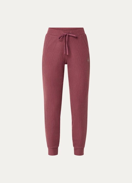 Alo Yoga Muse high waist tapered fit cropped joggingbroek met trekkoord en ribstructuur - voorkant 2 bordeauxrood