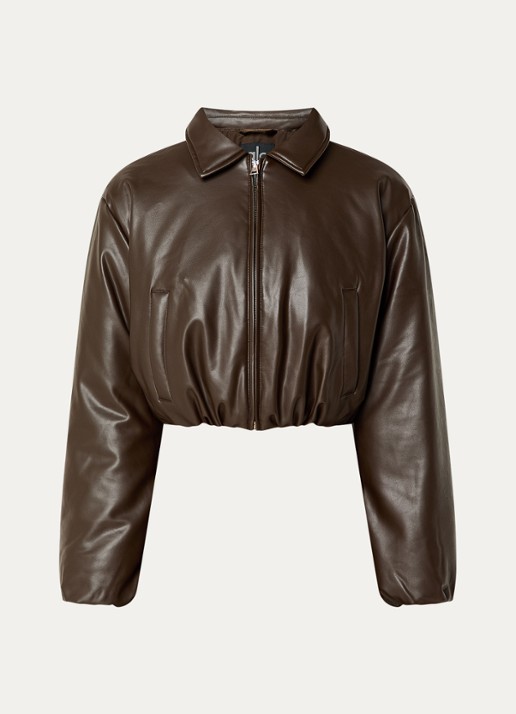 Alo Yoga Premier cropped bomberjack van imitatieleer met steekzakken - voorkant donkerbruin