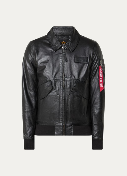 Alpha Industries CW-45 bomberjack van leer met klepzakken - voorkant zwart