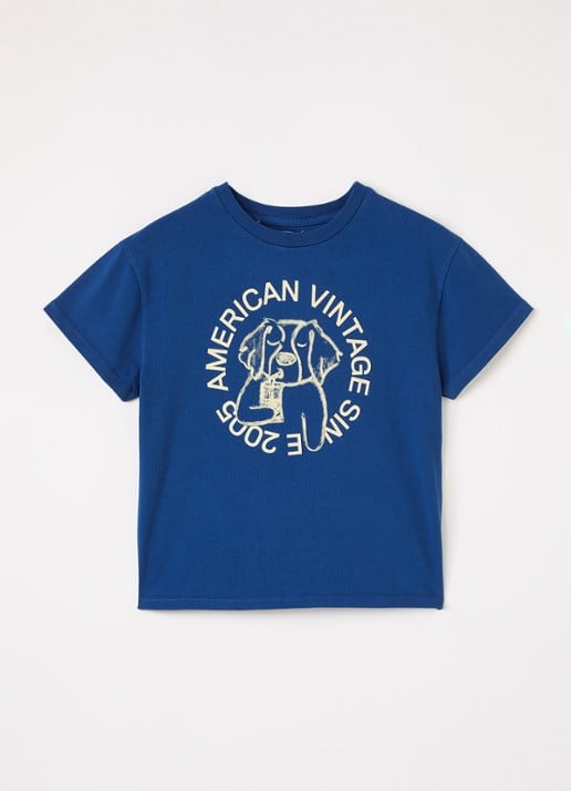 American Vintage Fizvalley T-shirt met logo- en backprint - voorkant indigo
