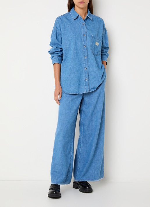 American Vintage Izeway high waist wide fit broek van chambray - voorkant 4 indigo