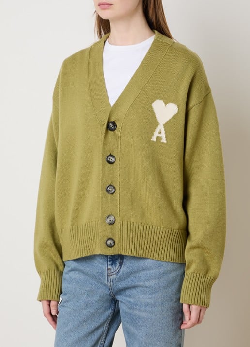 AMI Paris Fijngebreid vest in wolblend met logo - detail lichtgroen