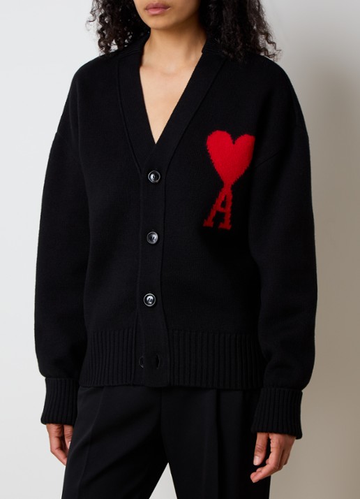 AMI Paris Fijngebreid vest van wol met ingebreid logo - detail 2 zwart