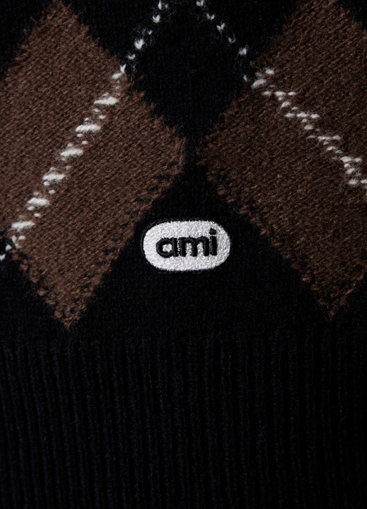 AMI Paris Fijngebreid vest van wol met ingebreid patroon - detail 2 bruin