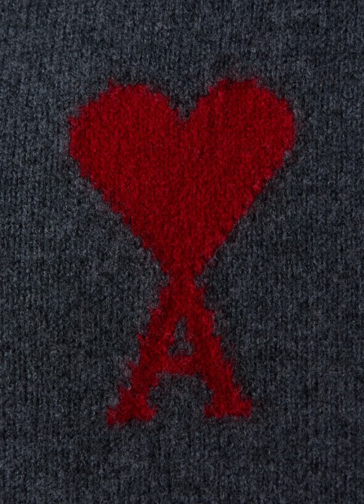AMI Paris Fijngebreid vest van wol met logoprint - detail 3 antraciet