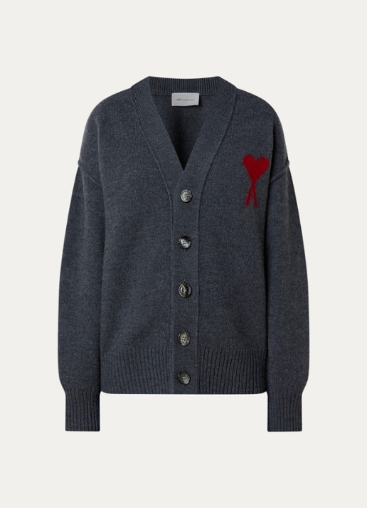 AMI Paris Fijngebreid vest van wol met logoprint - voorkant 4 antraciet
