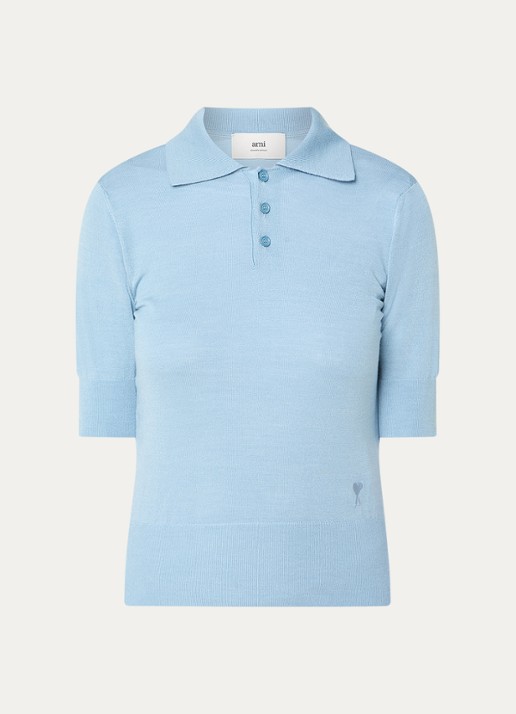 AMI Paris Fijngebreide polo in zijdeblend met logoborduring - voorkant 4 staalblauw