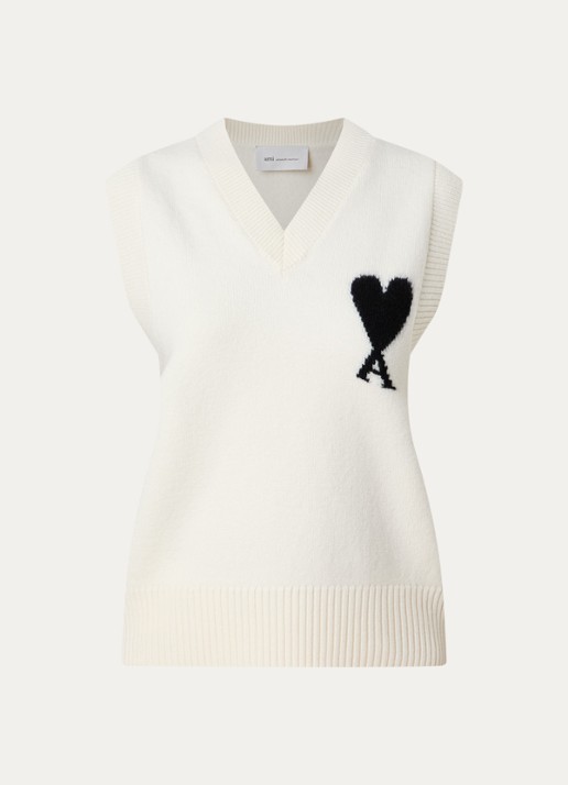 AMI Paris Fijngebreide spencer van wol met logo - voorkant creme