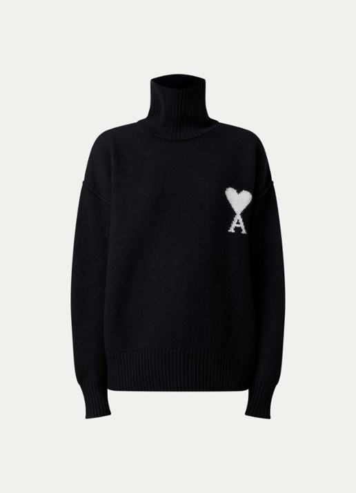 Ami Paris Fijngebreide trui van wol met ingebreid logo - voorkant 3 zwart