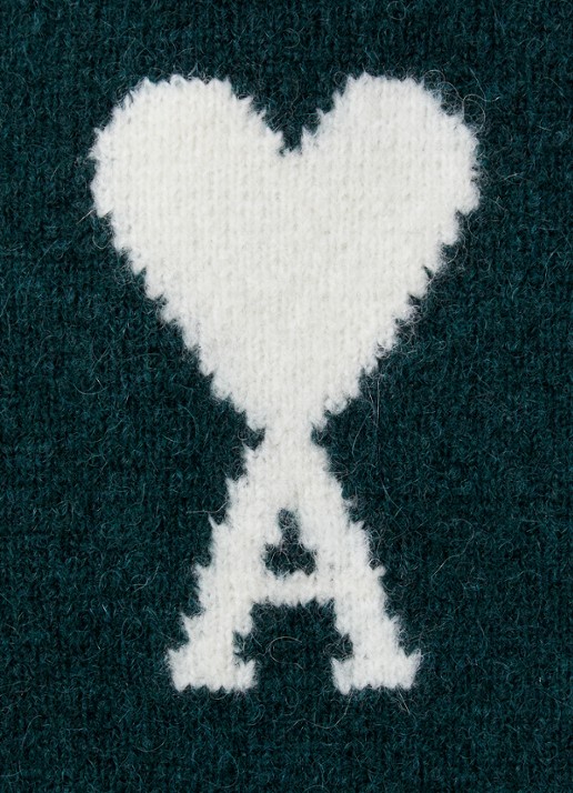 AMI Paris Fijngebreide trui van wol met logoprint - detail 5 donkergroen