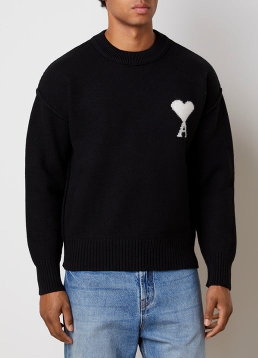 AMI Paris Fijngebreide trui van wol met logoprint - detail 3 zwart