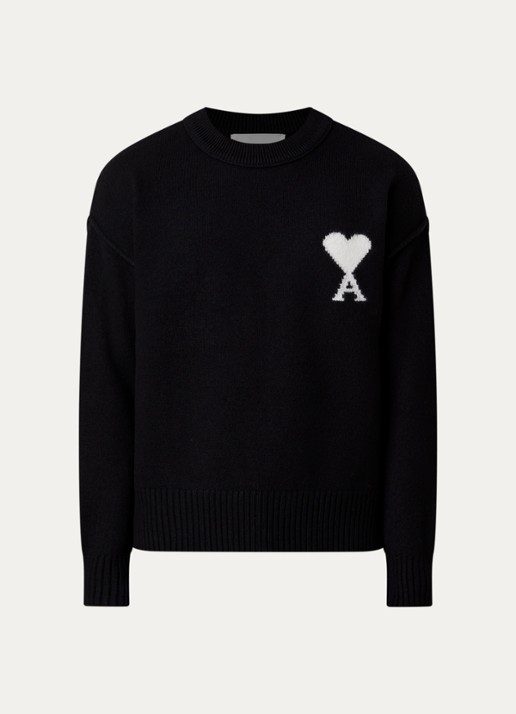 AMI Paris Fijngebreide trui van wol met logoprint - voorkant zwart