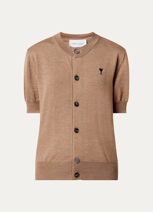AMI Paris Fijngebreide vest van merino wol - voorkant camel