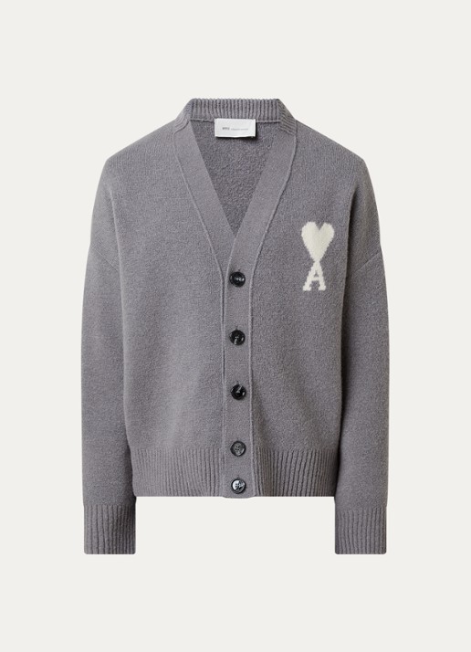 AMI Paris Grofgebreid vest in wolblend met logo - voorkant grijs