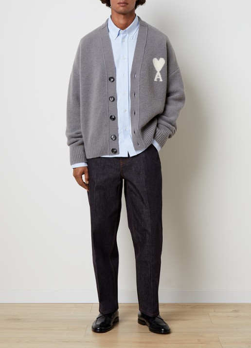AMI Paris Grofgebreid vest in wolblend met logo - voorkant 2 grijs