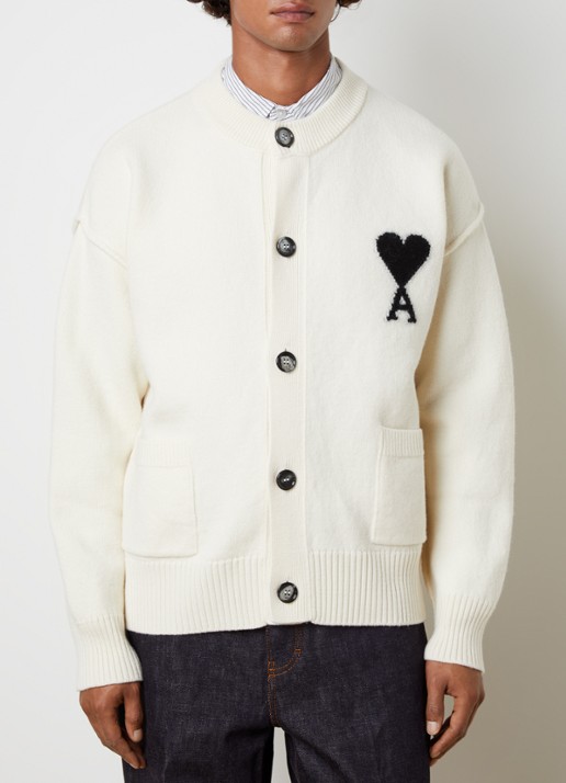AMI Paris Grofgebreid vest van wol met logo - detail 4 ivoor