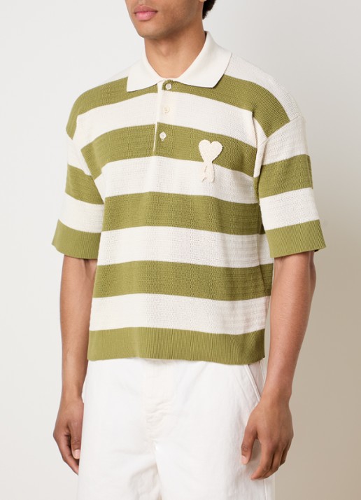 AMI Paris Grofgebreide polo met streepprint en logo - detail 5 mosgroen