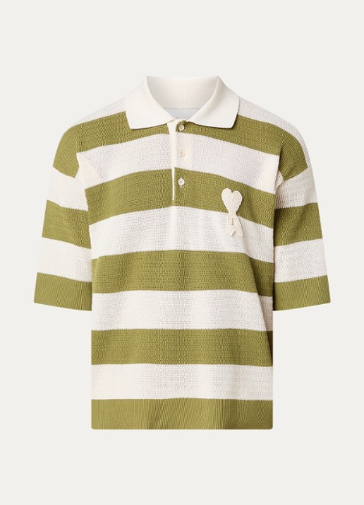 AMI Paris Grofgebreide polo met streepprint en logo - voorkant 9 mosgroen