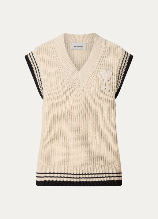 AMI Paris Grofgebreide spencer in wolblend met logo - voorkant 4 beige