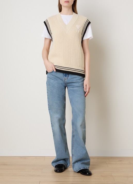 AMI Paris Grofgebreide spencer in wolblend met logo - voorkant 5 beige