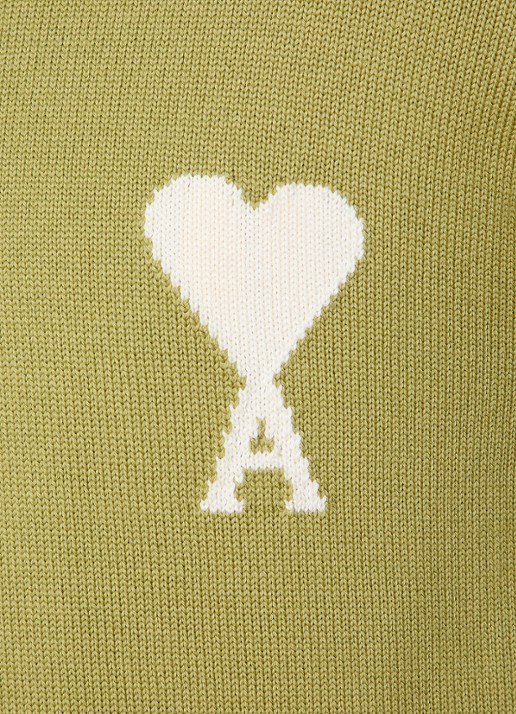 AMI Paris Grofgebreide trui in wolblend met logoborduring - detail 2 mosgroen