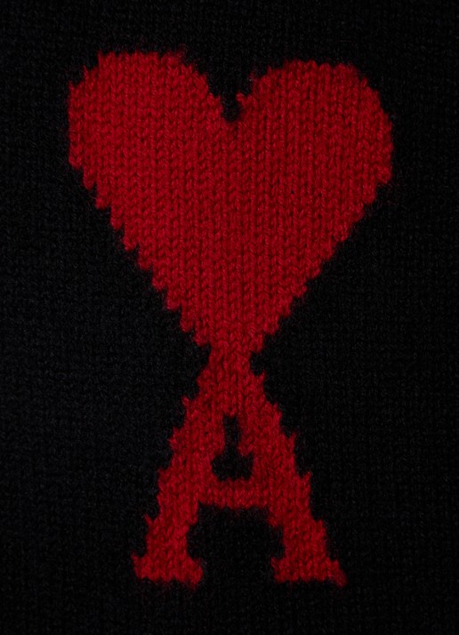AMI Paris Grofgebreide trui van scheerwol met ingebreid logo - detail 3 zwart