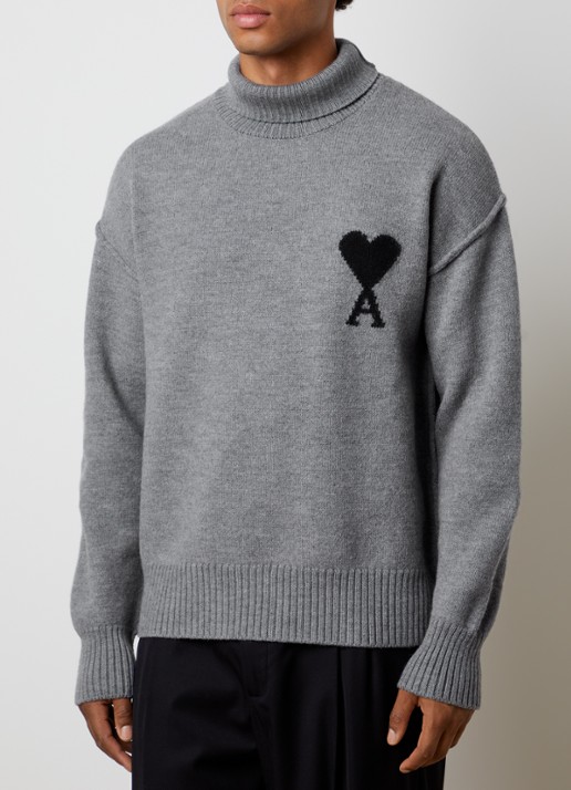 AMI Paris Grofgebreide trui van scheerwol met ingebreid logo - detail 4 grijs
