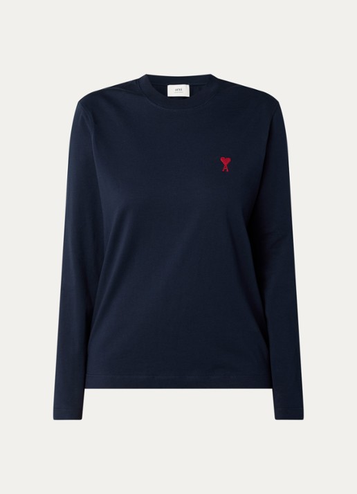 AMI Paris Longsleeve van  katoen met logoborduring  - voorkant 4 donkerblauw
